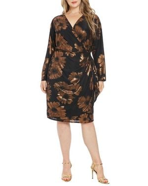 London Times Floral Long Sleeve Faux Wrap Dress - Black