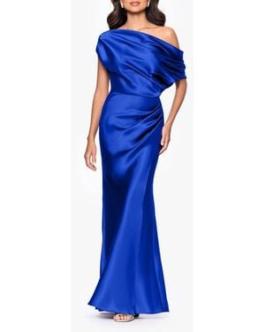Betsy & Adam One-Shoulder Satin Sheath Gown - Blue
