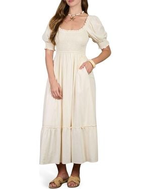 AUGUST SKY Smocked Puff Sleeve Midi Dress - Natural
