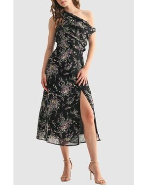 Lush Floral One-Shoulder Chiffon Midi Dress - Black