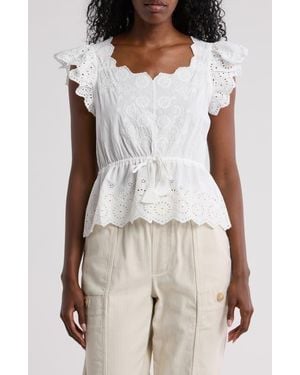 Democracy Embroidered Peplum Ruffle Sleeve Top - White