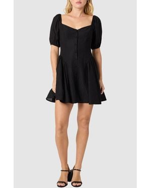 Lush Puff Sleeve Button Front Dress - Black