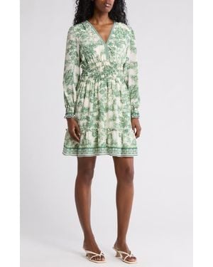 Max Studio Long Sleeve Smocked Georgette Minidress - Green