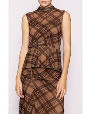 MELLODAY Side Cinch Plaid Mesh Peplum Top - Brown