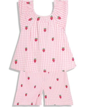 Jojo Maman Bébé Gingham Check Strawberry Embroidered Cotton Seersucker Top & Shorts Set - Pink