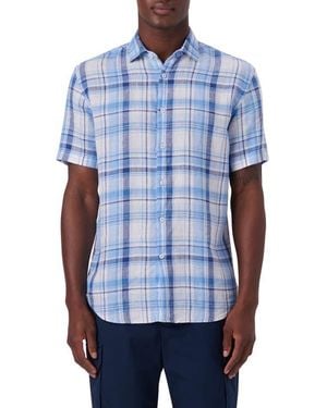 Bugatchi Plaid Short Sleeve Linen Button-Up Shirt - Blue