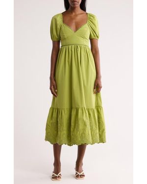 AUGUST SKY Puff Sleeve Embroidered Hem Maxi Dress - Green