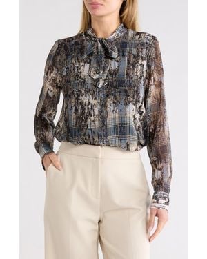 DKNY Crinkle Chiffon Tie Neck Top - Gray