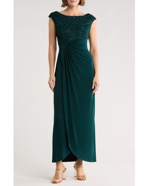 Connected Apparel Soutache Sleeveless Faux Wrap Gown - Green