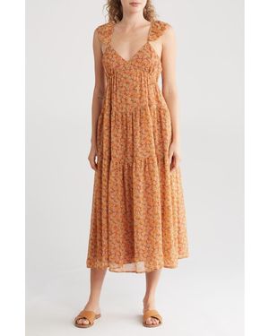 Madewell Floral Georgette Ruffle Sleeve Tiered Midi Dress - Brown