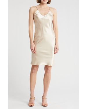 Bebe V-Neck Spaghetti Strap Satin Slip Dress - Natural