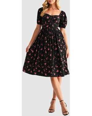 Lush Puff Sleeve Lace Trim Midi Dress - Black
