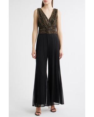 Connected Apparel Metallic Leopard Print Bodice Chiffon Jumpsuit - Black