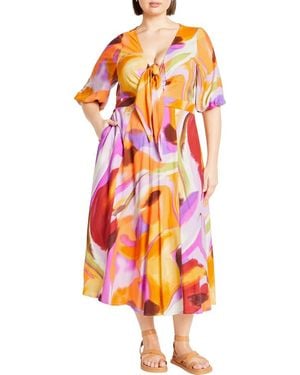 City Chic Swirl Print Tie Front Midi Dress - Orange