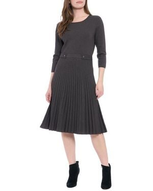 London Times Long Sleeve Pleated Flare Skirt Dress - Black