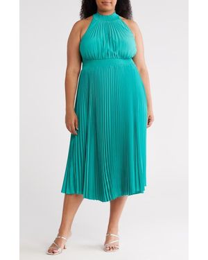 Marina Pleated High Neck Dress - Blue
