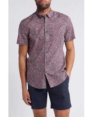 Nordstrom Trim Fit Floral Short Sleeve Stretch Cotton & Linen Button-Down Shirt - Purple