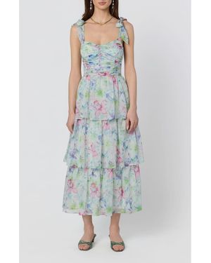 Astr Tiered Tie Strap Sundress - Blue