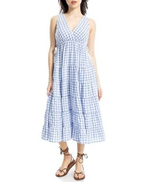 Max Studio Plaid Sleeveless Empire Waist Tiered Midi Dress - Blue