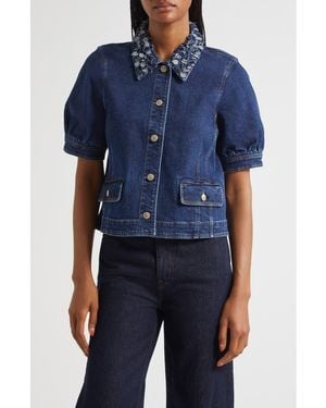 Cinq À Sept Ethel Petal Collar Short Sleeve Denim Jacket - Blue
