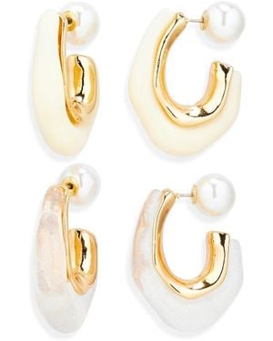 Natasha Couture Set Of 2 Resin & Faux Pearl Molten Hoop Earrings - Metallic