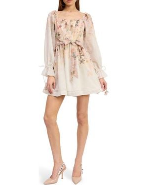 En Saison Floral Print Tie Waist Long Sleeve Chiffon Minidress - Natural