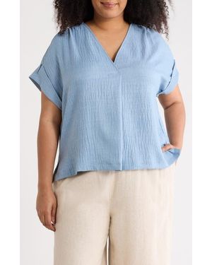 Max Studio V-Neck Short Sleeve Shirt - Blue