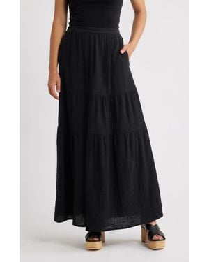 Bobeau Tiered Cotton Maxi Skirt - Black