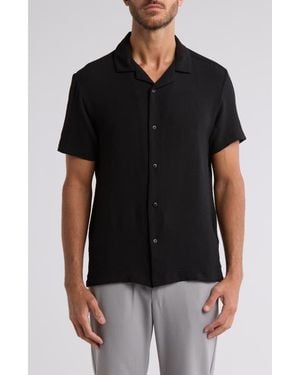 Denim and Flower Texture Short Sleeve Button-Up Shirt - Black