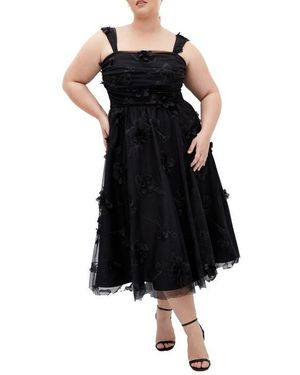 City Chic Leilani 3D Floral Appliqué Midi Dress - Black