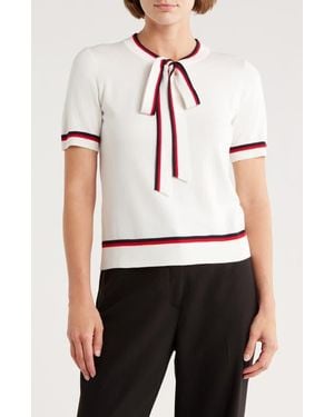 Adrianna Papell Double Tipped Tie Neck Sweater - White