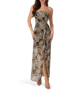 Bebe Palm Print Strapless Mesh Maxi Dress - Brown