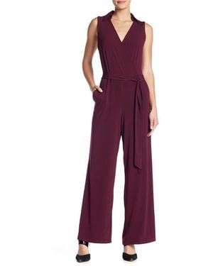 Nina Leonard Solid Tie Waist Jumpsuit - Red