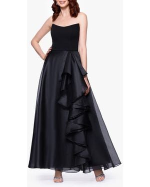 Betsy & Adam Ruffle Strapless Mixed Media Gown - Blue