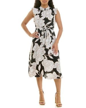 Nina Leonard Smocked Neck Tie Waist Midi Dress - Multicolor