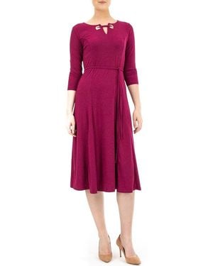 Nina Leonard Grommet Split Neck A-Line Midi Dress - Purple