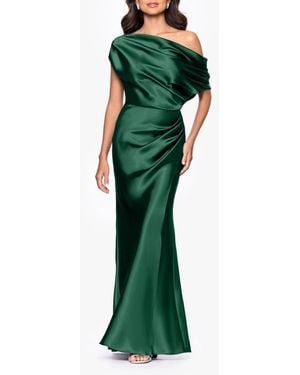 Betsy & Adam One-Shoulder Satin Sheath Gown - Green