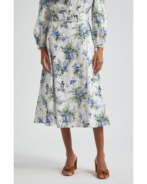 Veronica Beard Arwen Floral Belted Cotton Midi Skirt - Blue
