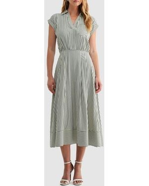 Mila + Mate Stripe Collared Short Sleeve A-Line Midi Dress - Green