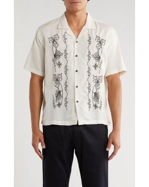 T.R. Premium Boxy Fit Floral Embroidered Camp Shirt Boxy Fit Sun Embroidered Camp Shirt - White