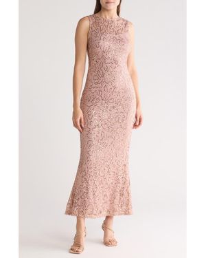 Marina Sequin Illusion Lace Trumpet Gown - Pink