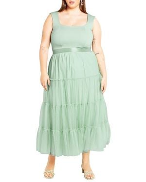 City Chic Sherie Sleeveless Tiered Tulle Dress - Green