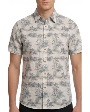 Report Collection Beach Print Short Sleeve Linen & Cotton Blend Button-Up Shirt - Gray