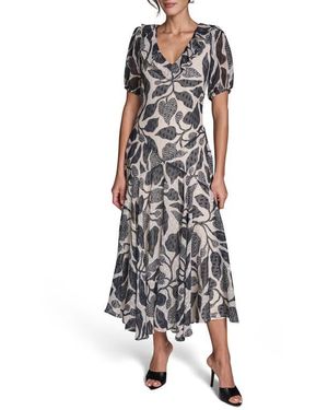 BCBGMAXAZRIA Floral Metallic Clip Dot Maxi Dress - White