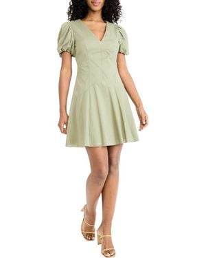 Donna Morgan V-Neck Puff Sleeve A-Line Minidress - Green