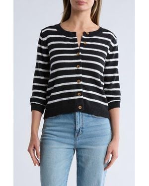 Bobeau Stripe Button Front Crop Cardigan - Black