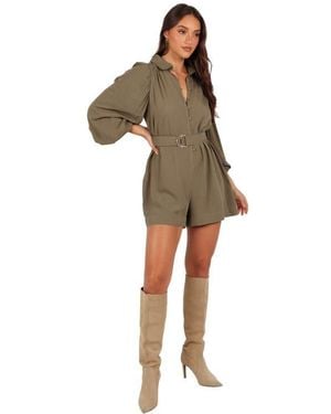 Petal & Pup Louise Belted Button Front Three-Quarter Sleeve Romper - Green