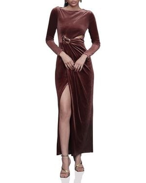 Avec Les Filles Pleated Cutout Long Sleeve Velvet Maxi Dress - Red