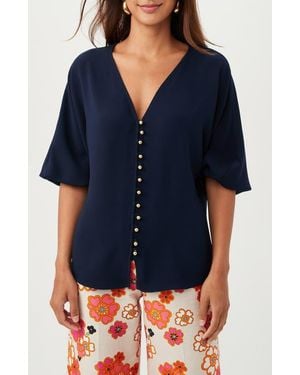 Trina Turk Sail Puff Sleeve Button-Up Top - Blue
