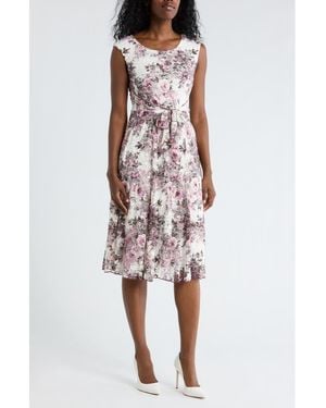 Connected Apparel Floral Tie Waist Lace Dress - Red